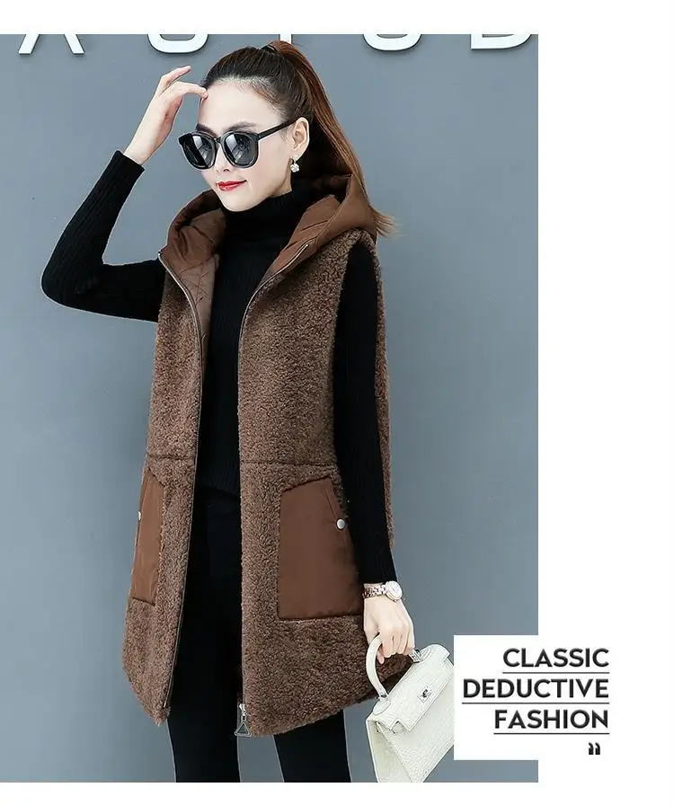 Women Lamb Wool Vest Coat Autumn Winter Warm Hooded Cardigan Sleeveless Tops Free Shipping Plus Size Loose Korean Fashion Thick