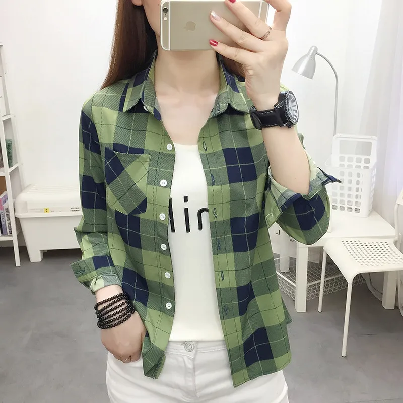 UHYTGF Spring Summer Shirt Women's Long-Sleeved Plaid Thin Tops Female Single Breasted Casual Students Shirts And Blouses 2471