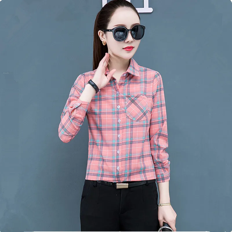 UHYTGF Spring Summer Shirt Women's Long-Sleeved Plaid Thin Tops Female Single Breasted Casual Students Shirts And Blouses 2471