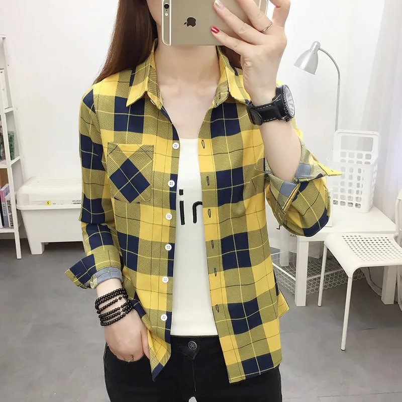 UHYTGF Spring Summer Shirt Women's Long-Sleeved Plaid Thin Tops Female Single Breasted Casual Students Shirts And Blouses 2471