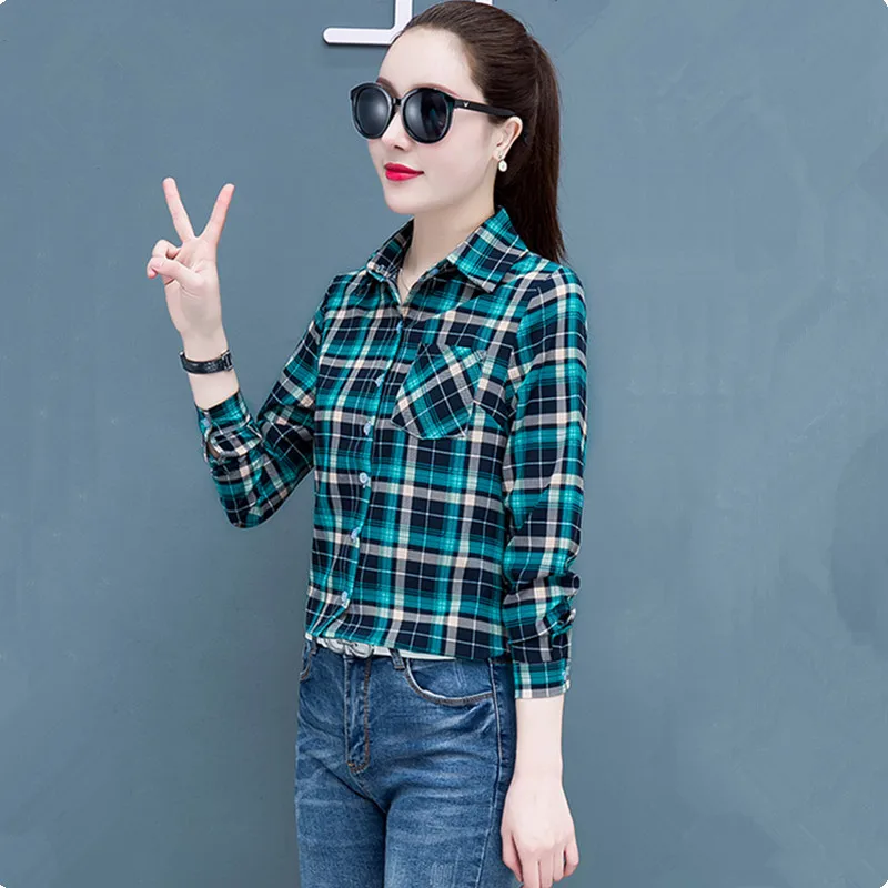 UHYTGF Spring Summer Shirt Women's Long-Sleeved Plaid Thin Tops Female Single Breasted Casual Students Shirts And Blouses 2471