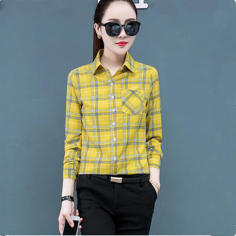 UHYTGF Spring Summer Shirt Women's Long-Sleeved Plaid Thin Tops Female Single Breasted Casual Students Shirts And Blouses 2471