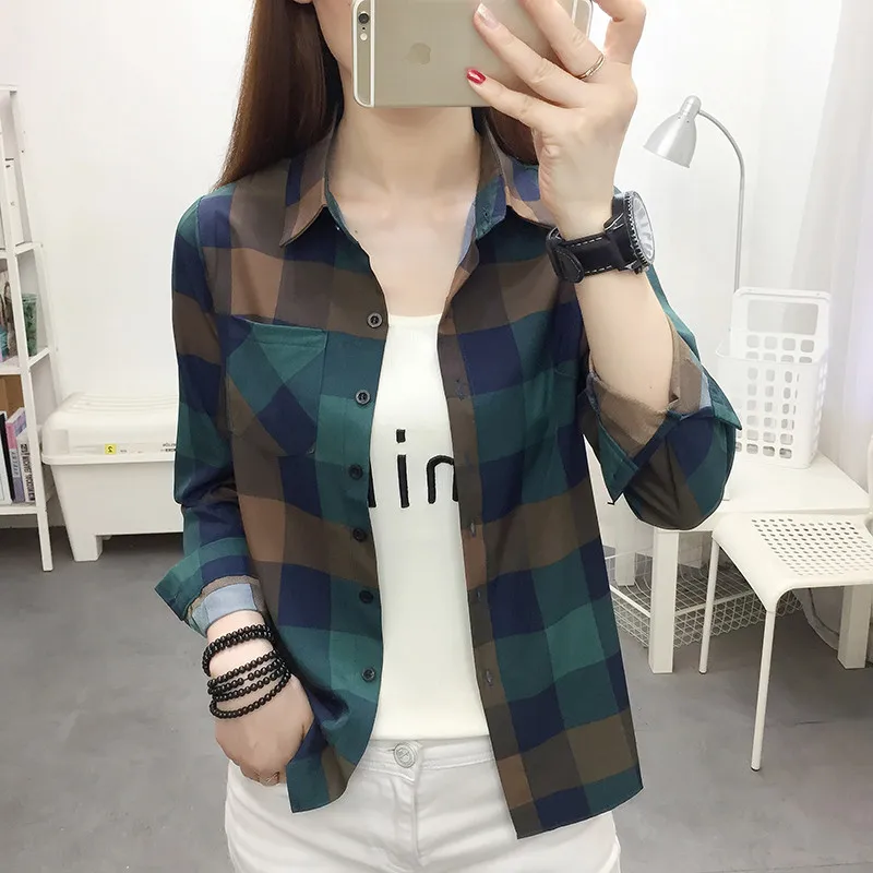 UHYTGF Spring Summer Shirt Women's Long-Sleeved Plaid Thin Tops Female Single Breasted Casual Students Shirts And Blouses 2471