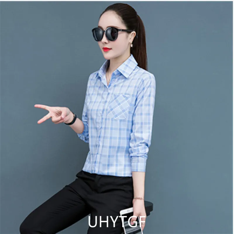 UHYTGF Spring Summer Shirt Women's Long-Sleeved Plaid Thin Tops Female Single Breasted Casual Students Shirts And Blouses 2471