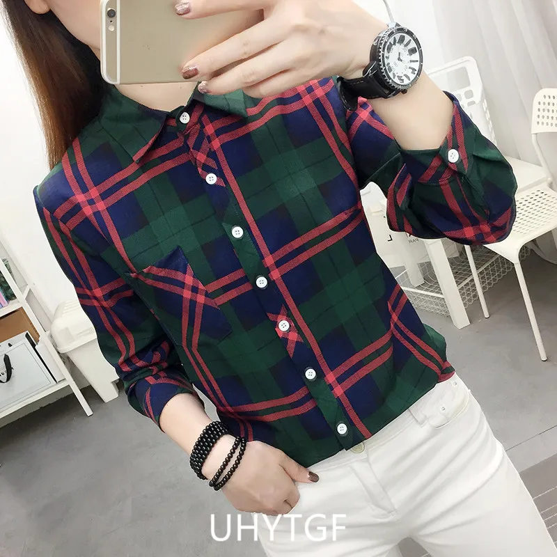 UHYTGF Spring Summer Shirt Women's Long-Sleeved Plaid Thin Tops Female Single Breasted Casual Students Shirts And Blouses 2471