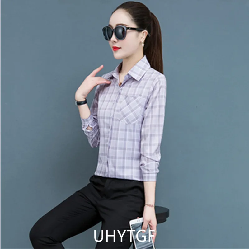 UHYTGF Spring Summer Shirt Women's Long-Sleeved Plaid Thin Tops Female Single Breasted Casual Students Shirts And Blouses 2471
