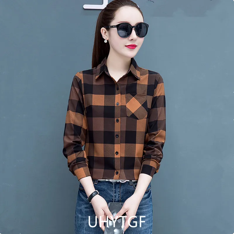 UHYTGF Spring Summer Shirt Women's Long-Sleeved Plaid Thin Tops Female Single Breasted Casual Students Shirts And Blouses 2471