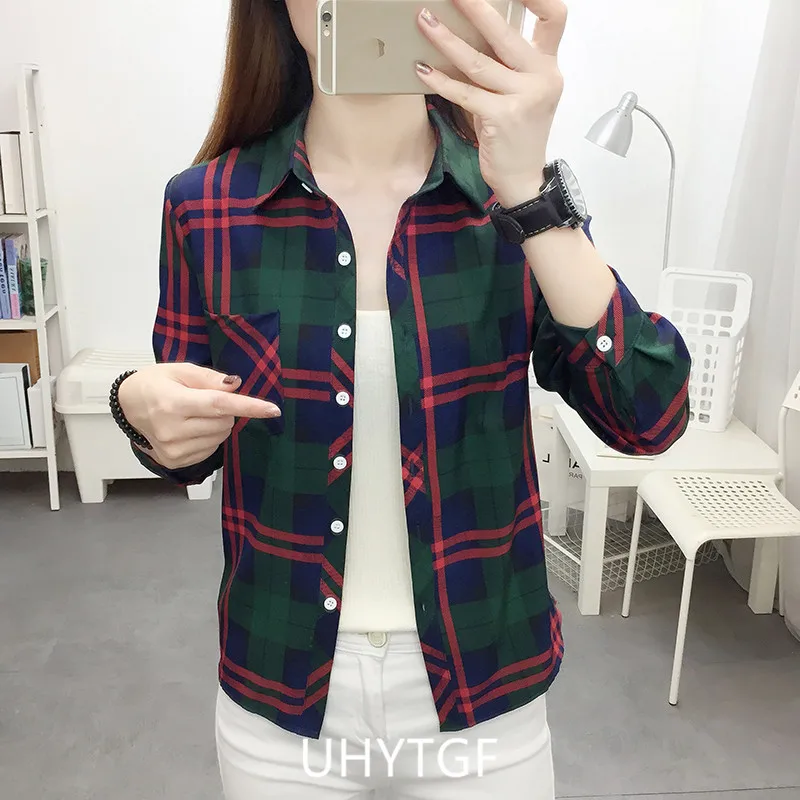 UHYTGF Spring Summer Shirt Women's Long-Sleeved Plaid Thin Tops Female Single Breasted Casual Students Shirts And Blouses 2471