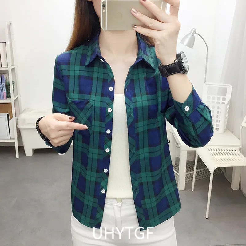 UHYTGF Spring Summer Shirt Women's Long-Sleeved Plaid Thin Tops Female Single Breasted Casual Students Shirts And Blouses 2471