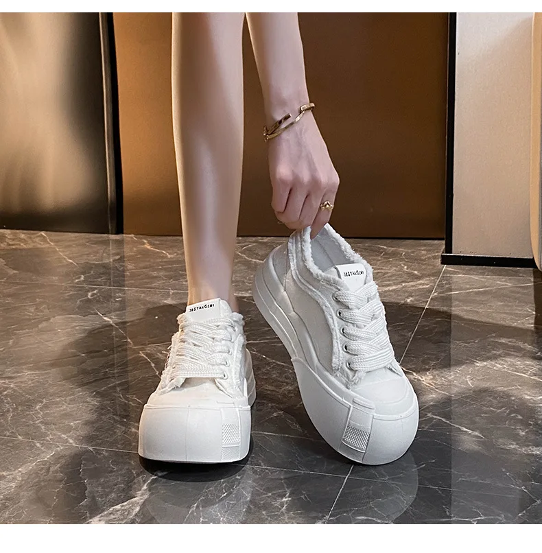 Wide Feet Round Toe Canvas Loafers Women's Leisure Lace Up Sneakers Platform Blue Pink Plimsolls Shoes Student Running Shoes