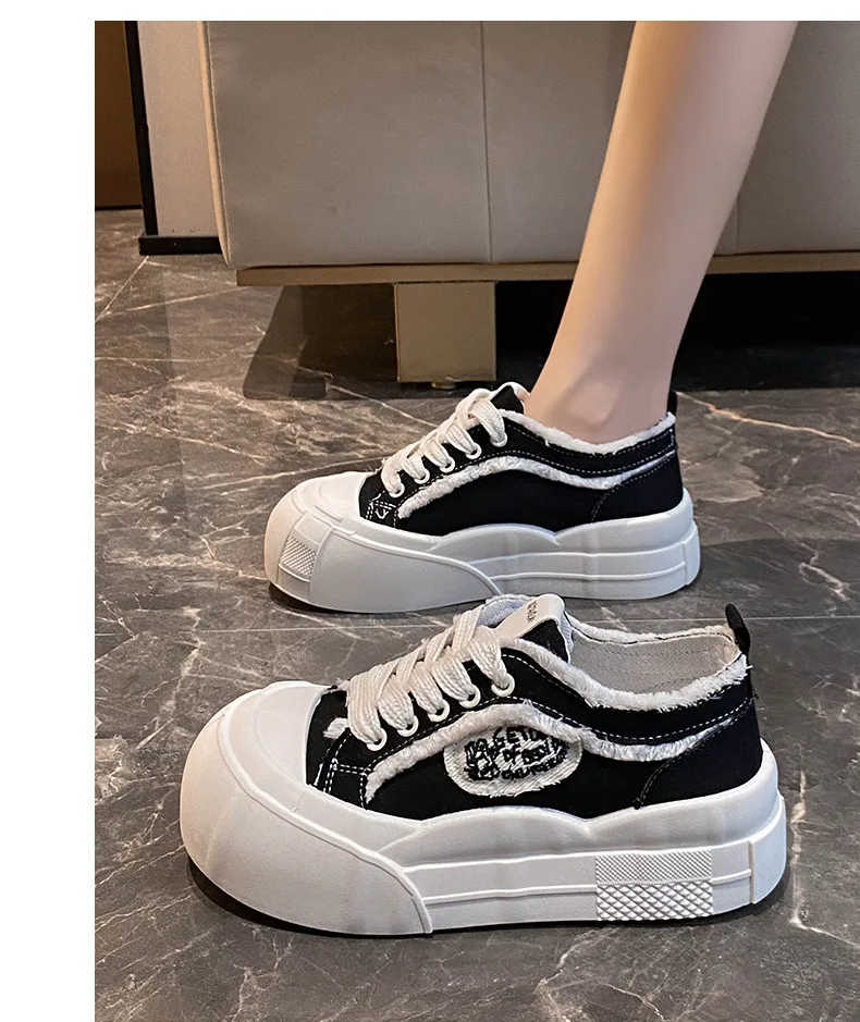Wide Feet Round Toe Canvas Loafers Women's Leisure Lace Up Sneakers Platform Blue Pink Plimsolls Shoes Student Running Shoes