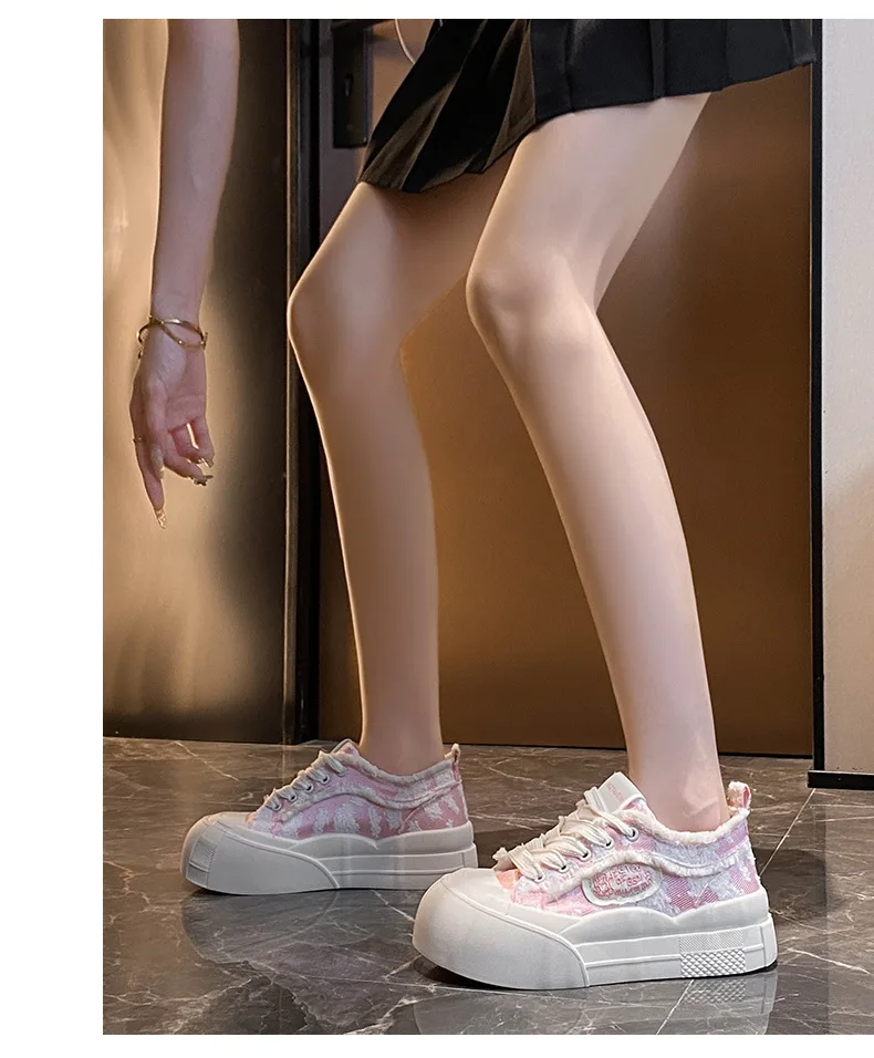 Wide Feet Round Toe Canvas Loafers Women's Leisure Lace Up Sneakers Platform Blue Pink Plimsolls Shoes Student Running Shoes