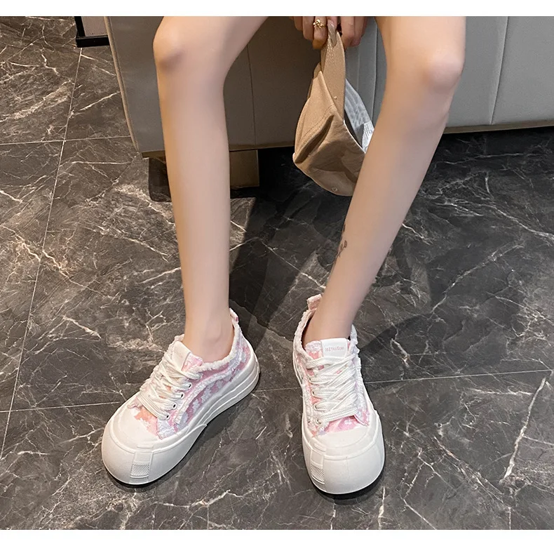 Wide Feet Round Toe Canvas Loafers Women's Leisure Lace Up Sneakers Platform Blue Pink Plimsolls Shoes Student Running Shoes