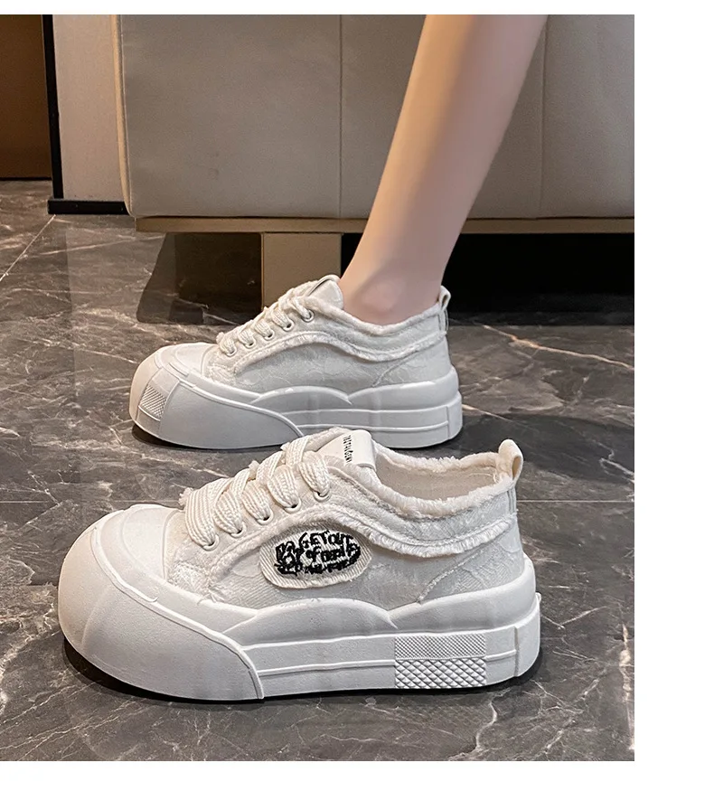 Wide Feet Round Toe Canvas Loafers Women's Leisure Lace Up Sneakers Platform Blue Pink Plimsolls Shoes Student Running Shoes