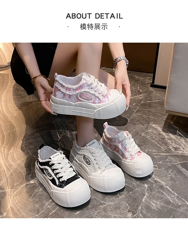 Wide Feet Round Toe Canvas Loafers Women's Leisure Lace Up Sneakers Platform Blue Pink Plimsolls Shoes Student Running Shoes