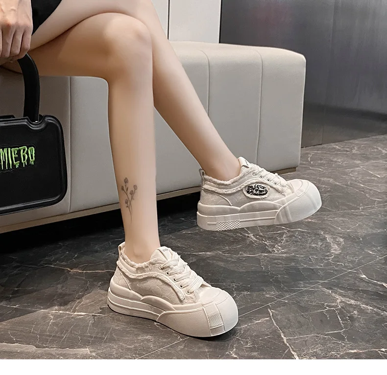 Wide Feet Round Toe Canvas Loafers Women's Leisure Lace Up Sneakers Platform Blue Pink Plimsolls Shoes Student Running Shoes