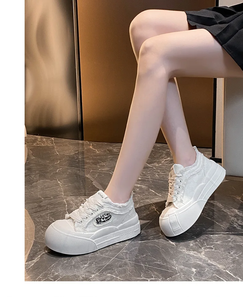 Wide Feet Round Toe Canvas Loafers Women's Leisure Lace Up Sneakers Platform Blue Pink Plimsolls Shoes Student Running Shoes