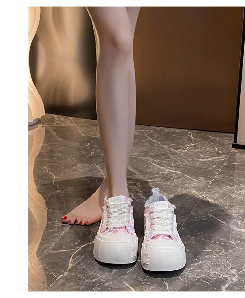 Wide Feet Round Toe Canvas Loafers Women's Leisure Lace Up Sneakers Platform Blue Pink Plimsolls Shoes Student Running Shoes