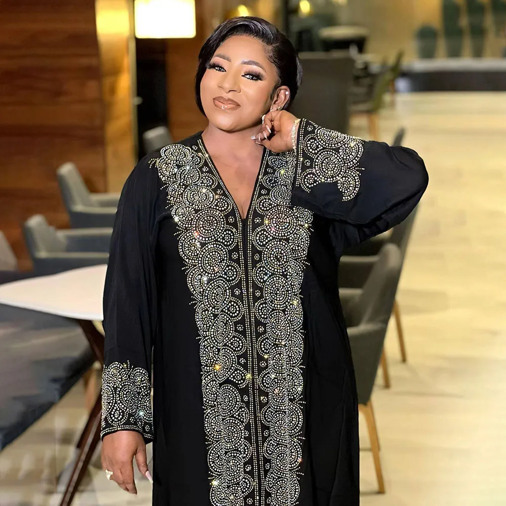 Africa Women's Dress Luxury Robe Dress Loose Fashion V-Neck Diamond Long Sleeve
