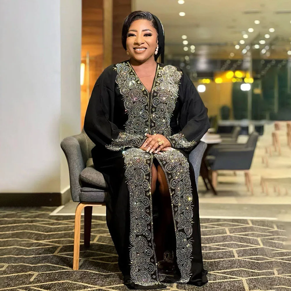 Africa Women's Dress Luxury Robe Dress Loose Fashion V-Neck Diamond Long Sleeve