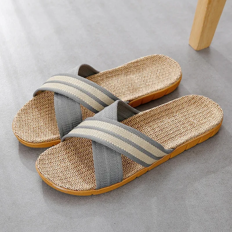 Men Shoes Slippers Linen Home Indoor Open Toe Flat Shoe Beach Slippers Striped Spliced Rubber Sandals Zapatillas Hombre