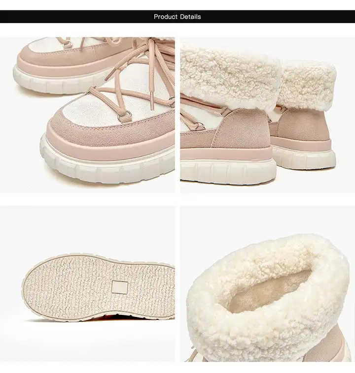 BeauToday Snow Boots Women Flats Lace Up Round Toe Cow Suede Warm Faux Fur Mixed Color Casual Outdoor Winter Ladies Shoes 08036