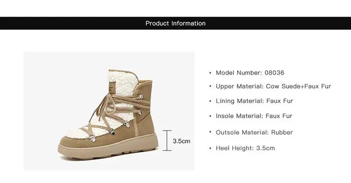 BeauToday Snow Boots Women Flats Lace Up Round Toe Cow Suede Warm Faux Fur Mixed Color Casual Outdoor Winter Ladies Shoes 08036