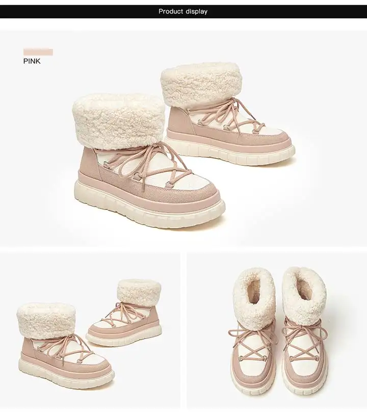 BeauToday Snow Boots Women Flats Lace Up Round Toe Cow Suede Warm Faux Fur Mixed Color Casual Outdoor Winter Ladies Shoes 08036
