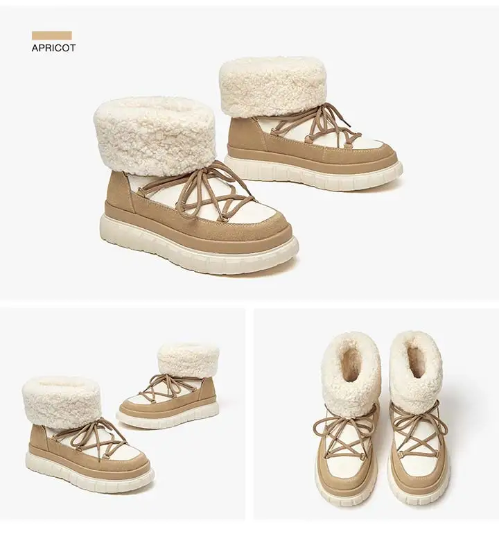 BeauToday Snow Boots Women Flats Lace Up Round Toe Cow Suede Warm Faux Fur Mixed Color Casual Outdoor Winter Ladies Shoes 08036