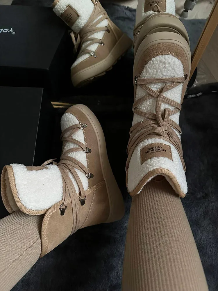 BeauToday Snow Boots Women Flats Lace Up Round Toe Cow Suede Warm Faux Fur Mixed Color Casual Outdoor Winter Ladies Shoes 08036