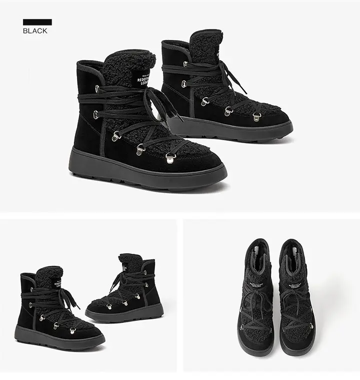 BeauToday Snow Boots Women Flats Lace Up Round Toe Cow Suede Warm Faux Fur Mixed Color Casual Outdoor Winter Ladies Shoes 08036