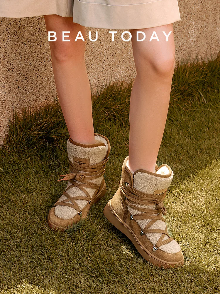 BeauToday Snow Boots Women Flats Lace Up Round Toe Cow Suede Warm Faux Fur Mixed Color Casual Outdoor Winter Ladies Shoes 08036