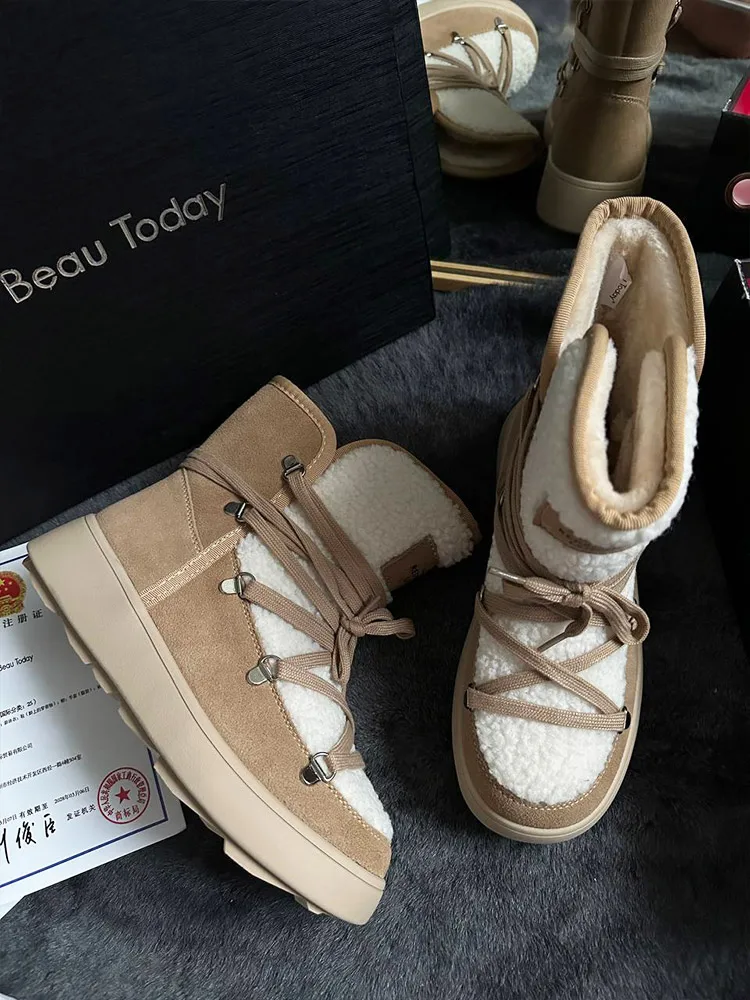 BeauToday Snow Boots Women Flats Lace Up Round Toe Cow Suede Warm Faux Fur Mixed Color Casual Outdoor Winter Ladies Shoes 08036