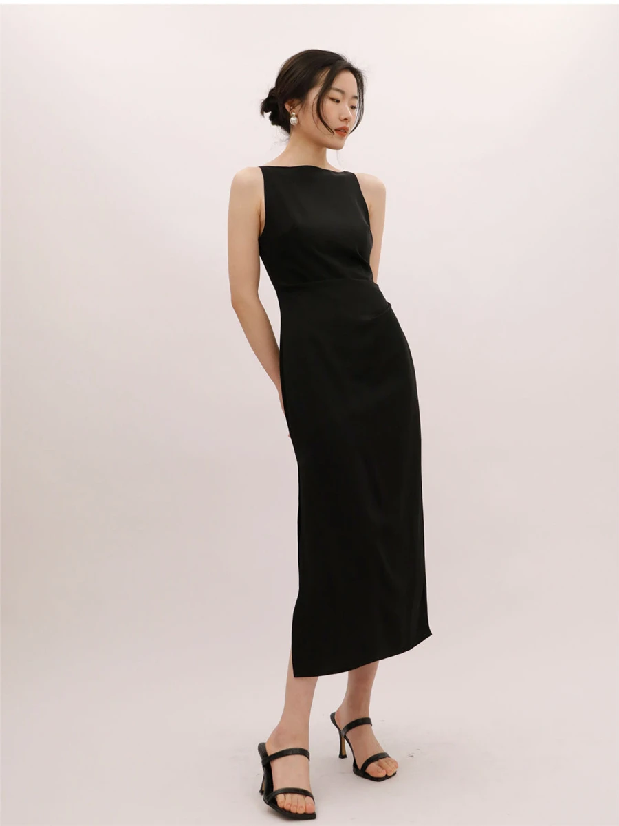Hepburn Style Sexy Slim Split Party Dress Women French Elegant Y2k Summer Spaghetti Bodycon Dresses Korean Pleated Vestidos New