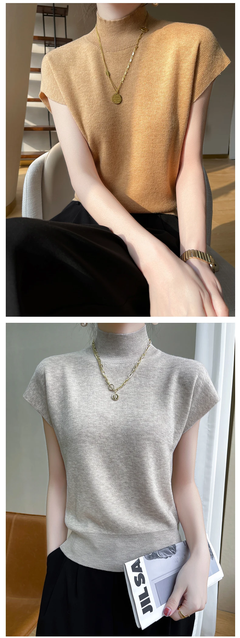 Merino Wool Knitted T-shirt Women's Summer 2023 New Half Height Pullover Short Sleeve Vest Fashion Basic Solid Color Women's Top