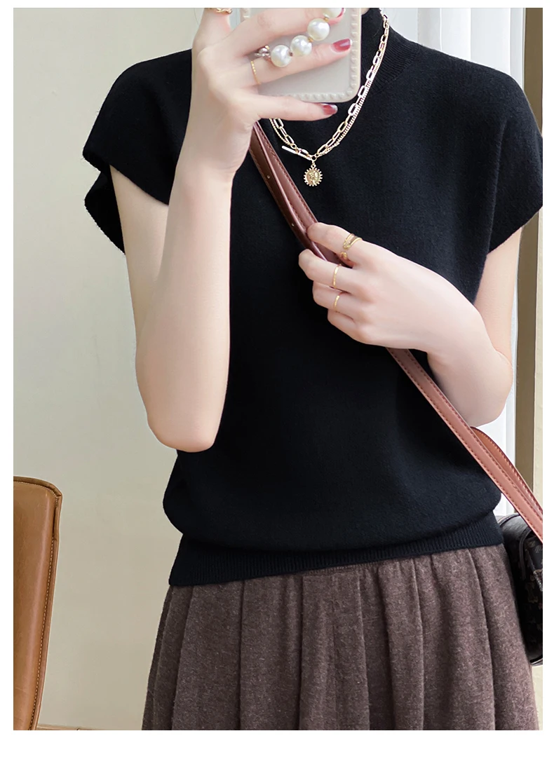 Merino Wool Knitted T-shirt Women's Summer 2023 New Half Height Pullover Short Sleeve Vest Fashion Basic Solid Color Women's Top