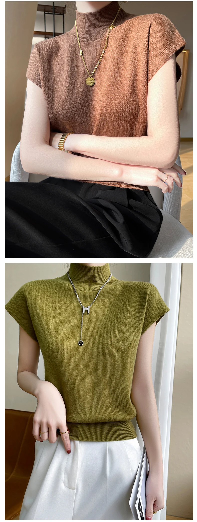 Merino Wool Knitted T-shirt Women's Summer 2023 New Half Height Pullover Short Sleeve Vest Fashion Basic Solid Color Women's Top