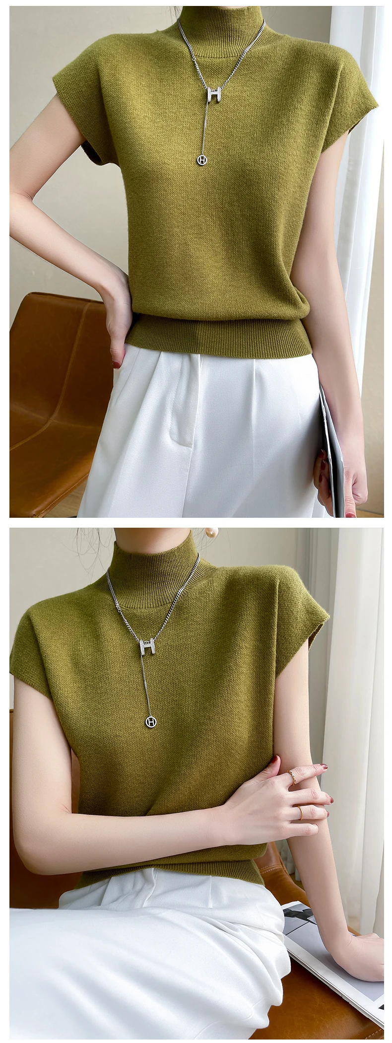Merino Wool Knitted T-shirt Women's Summer 2023 New Half Height Pullover Short Sleeve Vest Fashion Basic Solid Color Women's Top