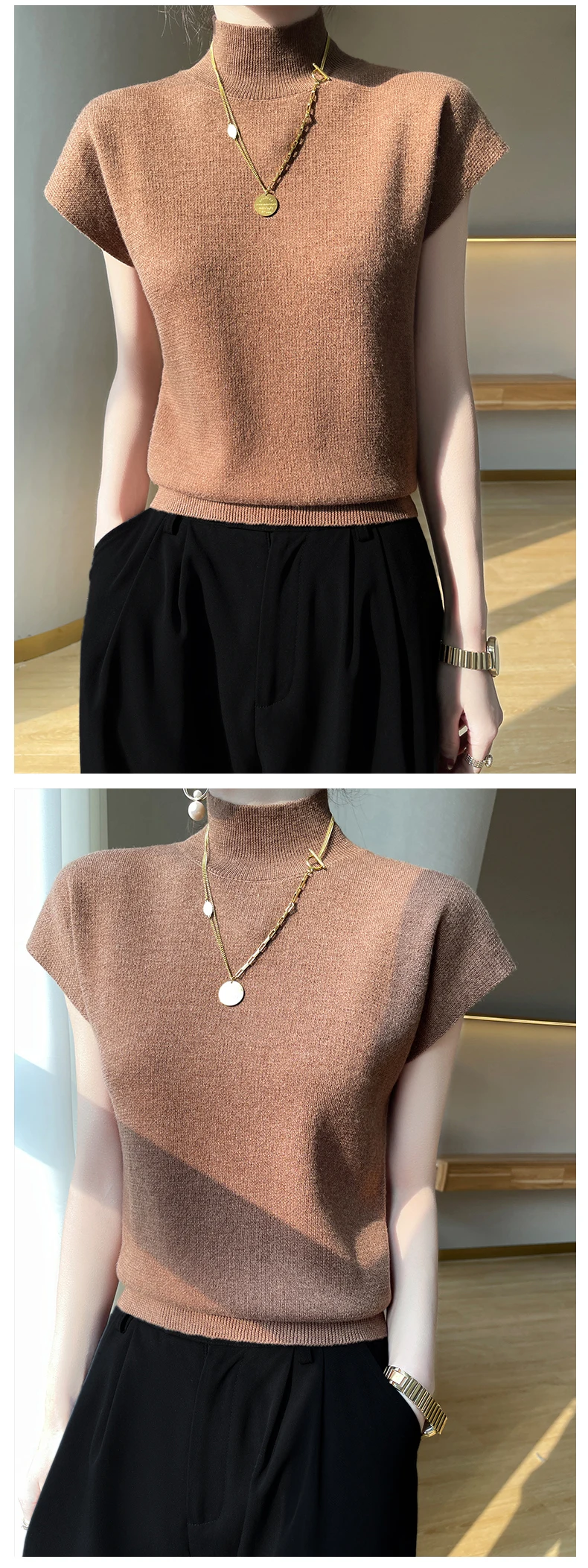 Merino Wool Knitted T-shirt Women's Summer 2023 New Half Height Pullover Short Sleeve Vest Fashion Basic Solid Color Women's Top