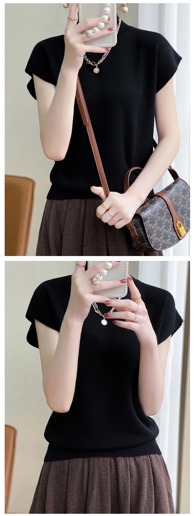 Merino Wool Knitted T-shirt Women's Summer 2023 New Half Height Pullover Short Sleeve Vest Fashion Basic Solid Color Women's Top