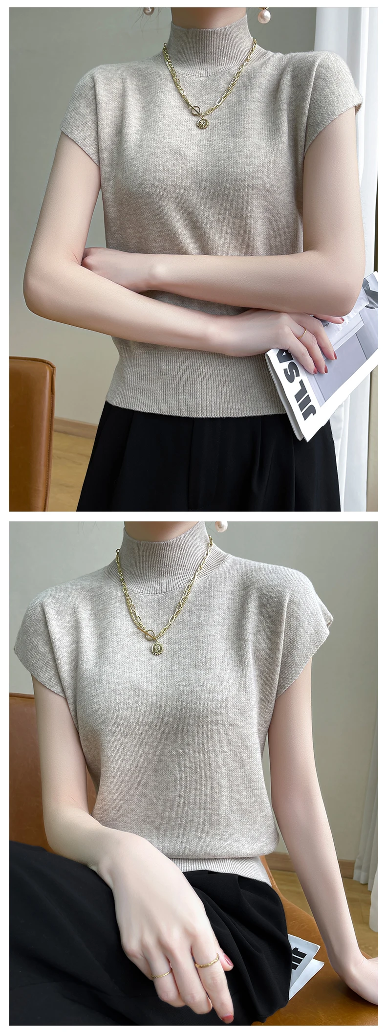 Merino Wool Knitted T-shirt Women's Summer 2023 New Half Height Pullover Short Sleeve Vest Fashion Basic Solid Color Women's Top