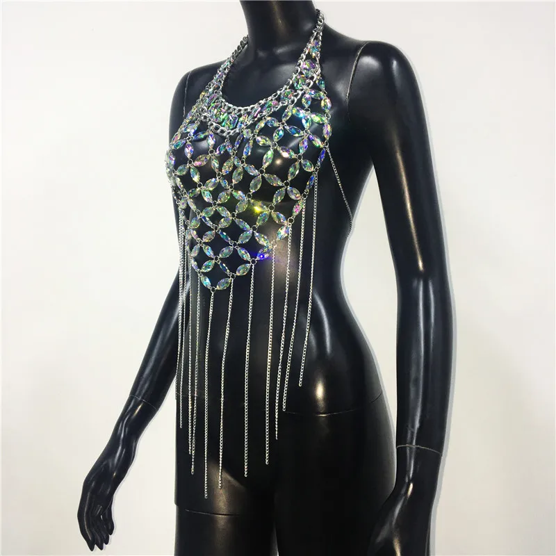 Shiny Acrylic Gems Sequins Tank Top Metal Tassel Body Chain 2025 Festival Rave Clothing Summer Sexy Backless Crop Tops