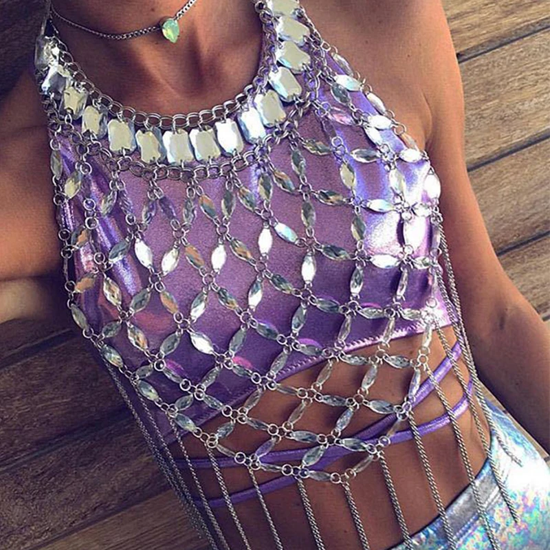 Shiny Acrylic Gems Sequins Tank Top Metal Tassel Body Chain 2025 Festival Rave Clothing Summer Sexy Backless Crop Tops