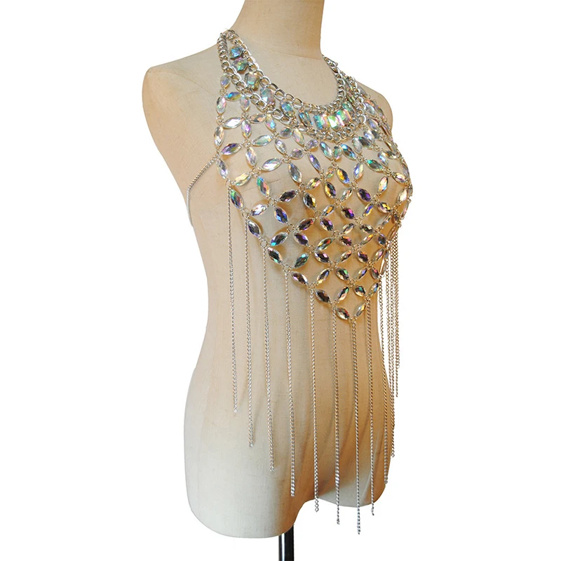 Shiny Acrylic Gems Sequins Tank Top Metal Tassel Body Chain 2025 Festival Rave Clothing Summer Sexy Backless Crop Tops