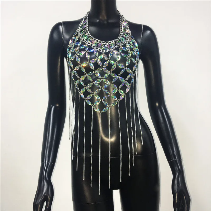 Shiny Acrylic Gems Sequins Tank Top Metal Tassel Body Chain 2025 Festival Rave Clothing Summer Sexy Backless Crop Tops