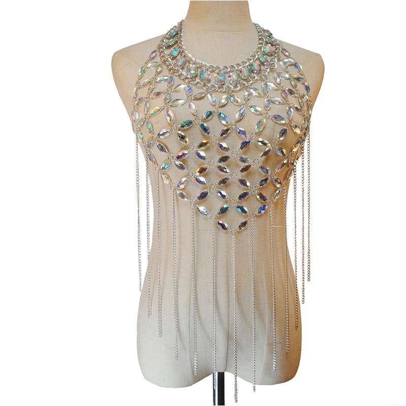 Shiny Acrylic Gems Sequins Tank Top Metal Tassel Body Chain 2025 Festival Rave Clothing Summer Sexy Backless Crop Tops