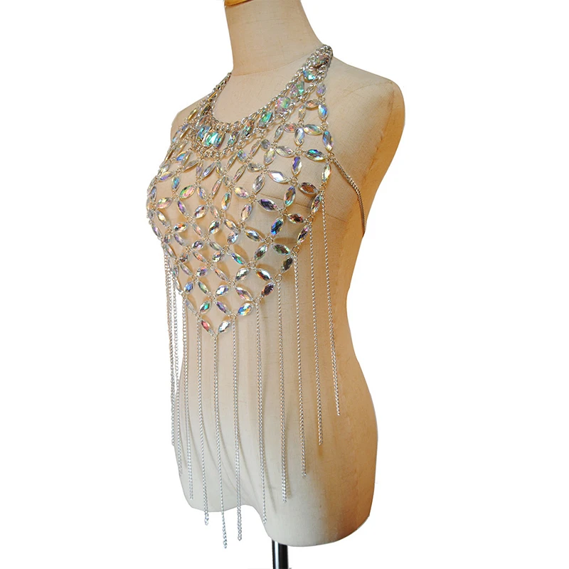 Shiny Acrylic Gems Sequins Tank Top Metal Tassel Body Chain 2025 Festival Rave Clothing Summer Sexy Backless Crop Tops