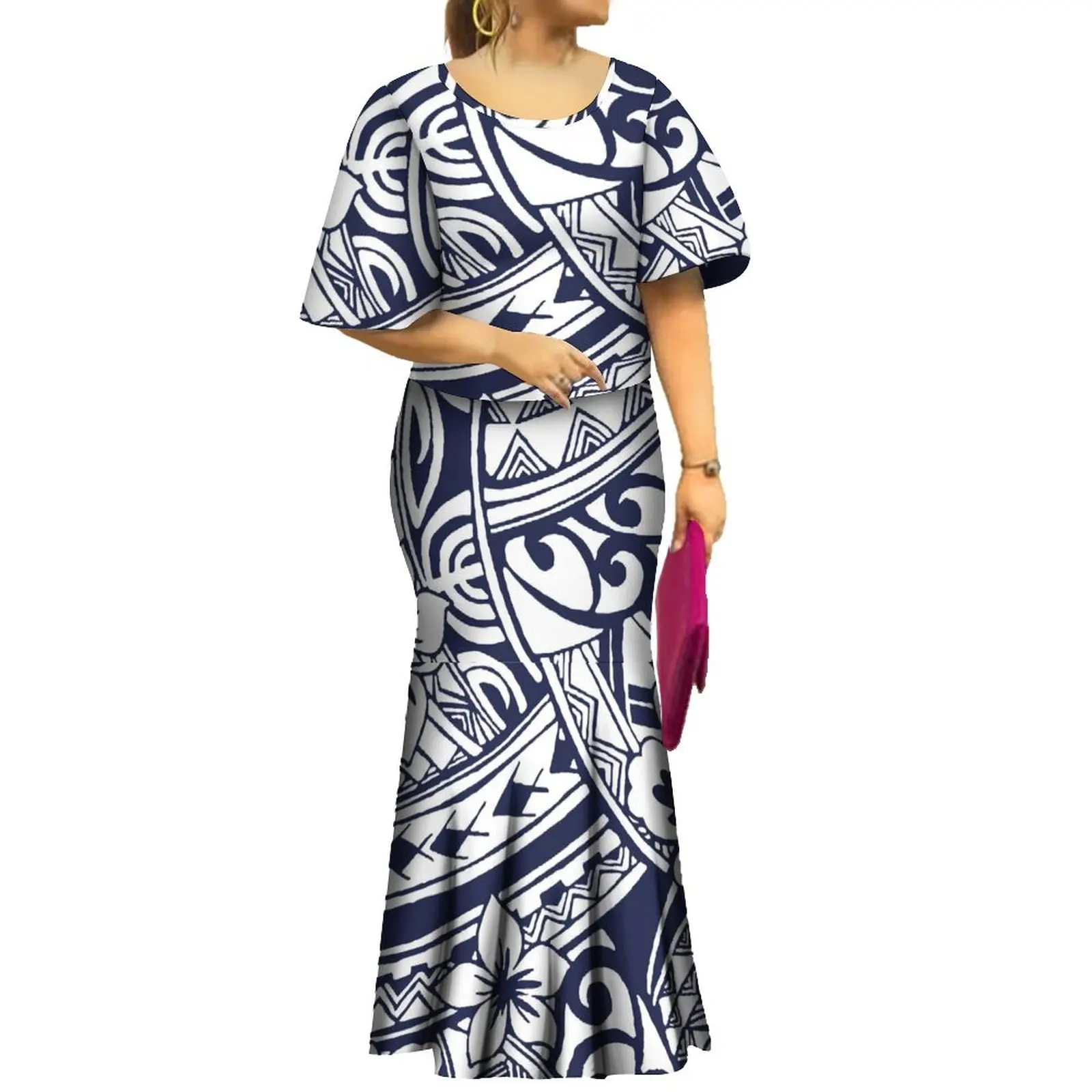 2023 New Style Samoan Puletasi Polynesian Tribal Dress Bat Sleeve Tops Long Fishtail Skirt Set Match Mens Shirts
