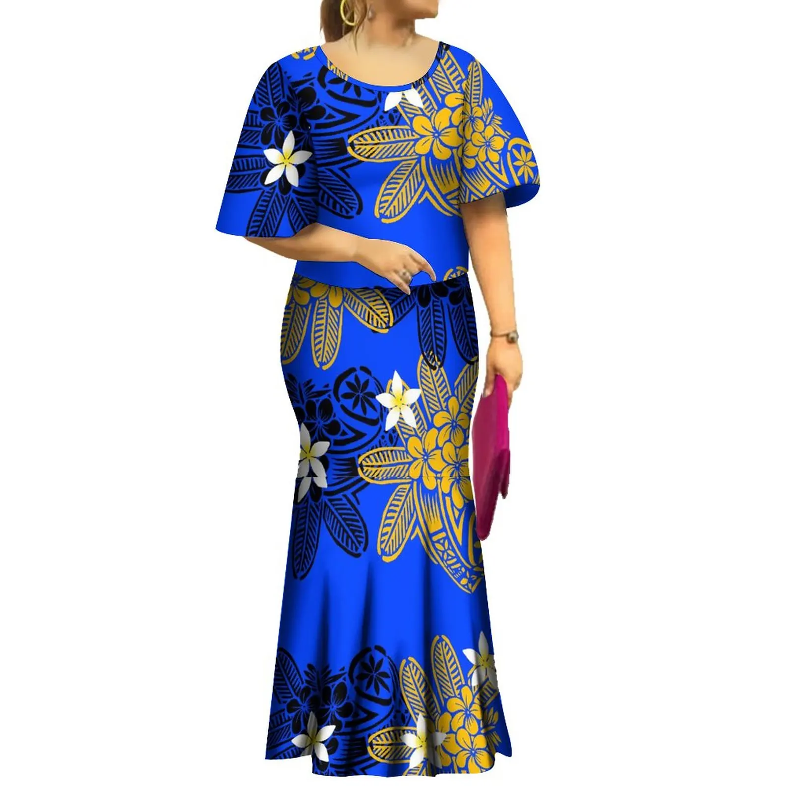 2023 New Style Samoan Puletasi Polynesian Tribal Dress Bat Sleeve Tops Long Fishtail Skirt Set Match Mens Shirts