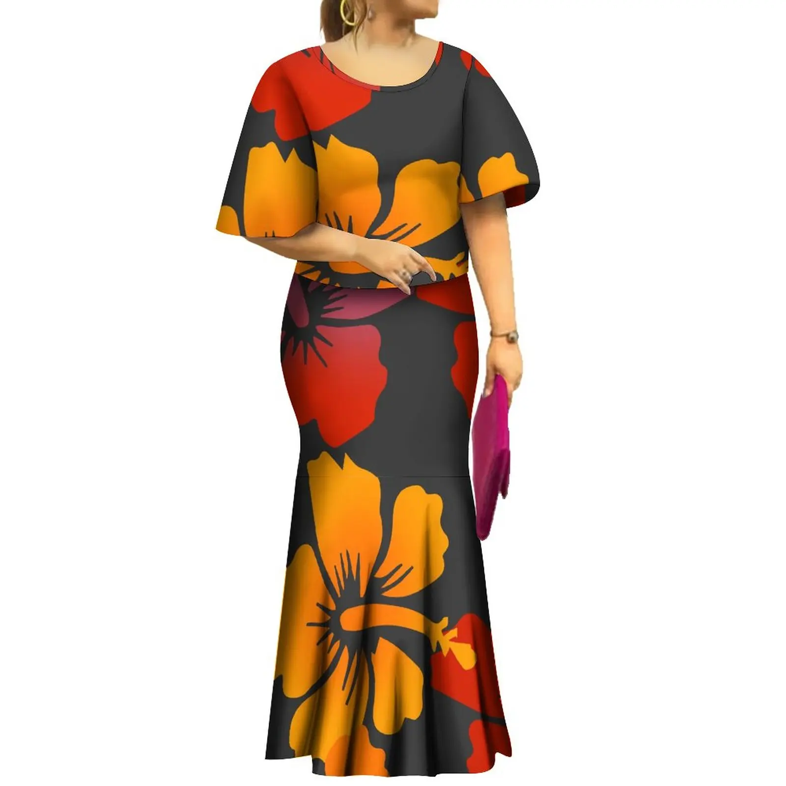 2023 New Style Samoan Puletasi Polynesian Tribal Dress Bat Sleeve Tops Long Fishtail Skirt Set Match Mens Shirts